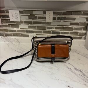 Fossil Kinley Flap Striped Canvas and Brown Leather Pocket Crossbody Purse
